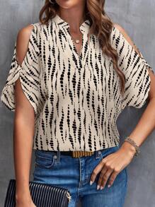 SHEIN LUNE Camisa de mujer casual con patrón geométrico y hombros abiertos, manga dividida, adecuada para atuendos de verano para ir al trabajo - Multicolor - Ver 3