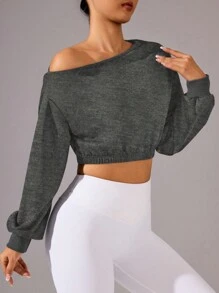 Gameset SHEIN Sport Women Casual Solid Color Asymmetrical Neckline Dropped Shoulder Loose Cropped Sweatshirt - Dark Grey - View 3