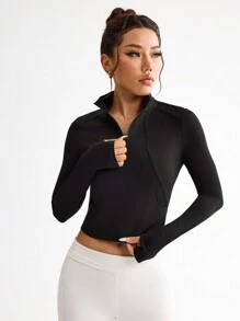 Gameset SHEIN Sport Sweatshirt Wanita Polos Sederhana untuk Olahraga Yoga, Model Crop dengan Resleting - Hitam - View 6