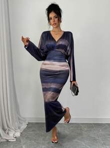 Chiquease 女式 V 领长袖简约休闲长款紧身连衣裙长款女装 - 彩色 - 查看 1