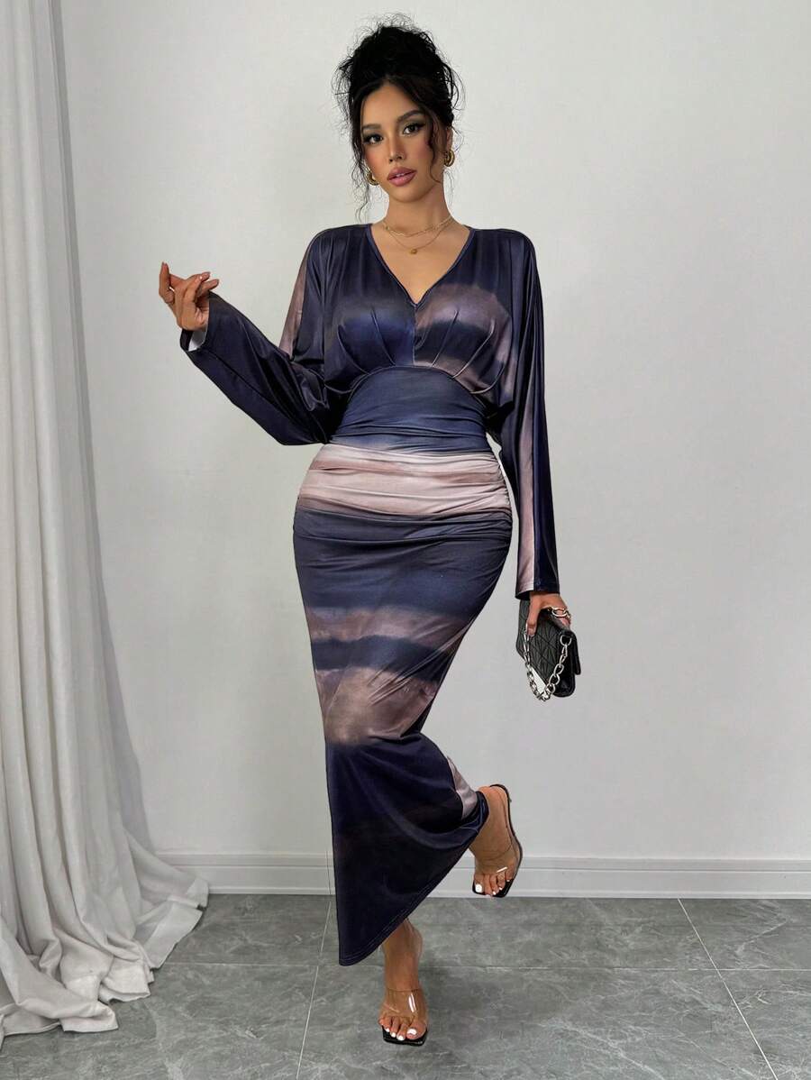 Chiquease 女式 V 领长袖简约休闲长款紧身连衣裙长款女装 - 彩色 - 查看 1