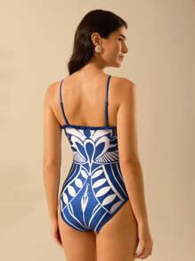 CAJUNI 女士波西米亚风热带蓝色印花假日休闲海滩游泳吊带连体泳衣