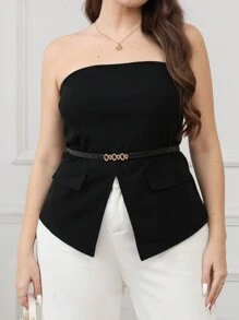 INAWLY Plus Size Women Solid Color Pocket Casual Tank Top - Black - View 1