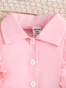 女婴优雅拼布荷叶边长袖衬衫和裙子套装，春/秋 - 粉色 - 查看 4