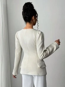 SHEIN Unity Women'S Solid Color Waist Tailored Elegant Long Sleeve Jacket, Suitable For Autumn And Winter Fall Cloth For Women - Beige - View 2
