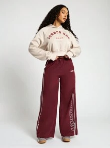 SUMWON WOMEN Premium Cropped 1996 Varsity Hoodie Retro Athleisure Sweatshirt Winter Workout Activewear Casual Athletic Fall Spring