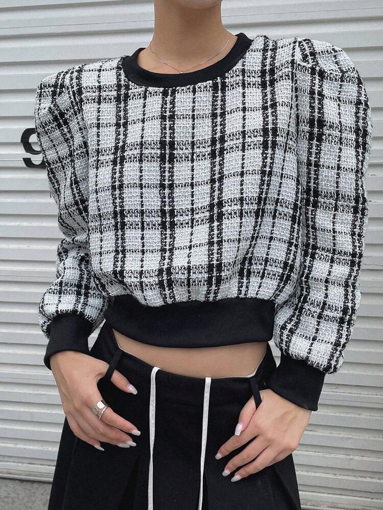 Women Round Neck Long Sleeve Solid Color Patchwork Simple Casual Top, Everyday Wear,Fall Women Clothes Crop Women Tops Plaid