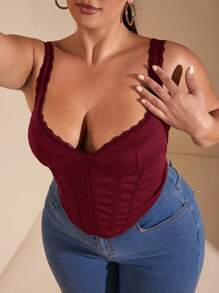 SHEIN BAE Plus Size Fall Sweet Sexy Elegant Woman Black Lace Lace Neckline Fishbone Corset Corset Party Top Work Top - Burgundy - View 3