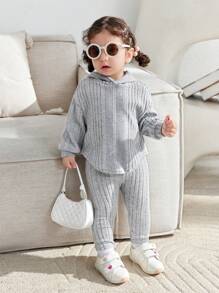 SHEIN Baby Girl Ribbed Knit Hooded Sweatshirt & Leggings - Grey - View 3