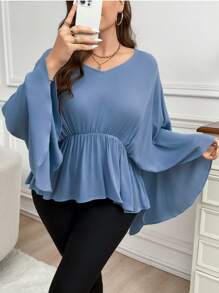 SHEIN LUNE Plus Size Exaggerated Ruffle Sleeve Cinched Waist Concealing Top Blouse Thanksgiving Women New Years