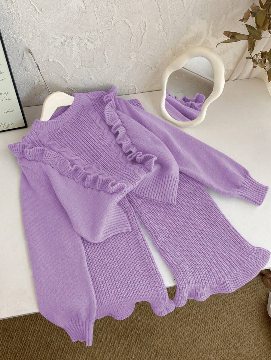 Tween Girls Blue Frill Trim Sweater Set, The Unique Frill Trim Design On The Set Adds A Touch Of Sweetness And Cuteness For Kids - Purple - View 1