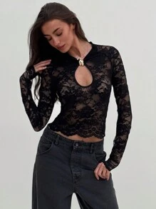 Aloruh 女士镂空长袖蕾丝上衣，性感又时尚 - 黑色 - 查看 4