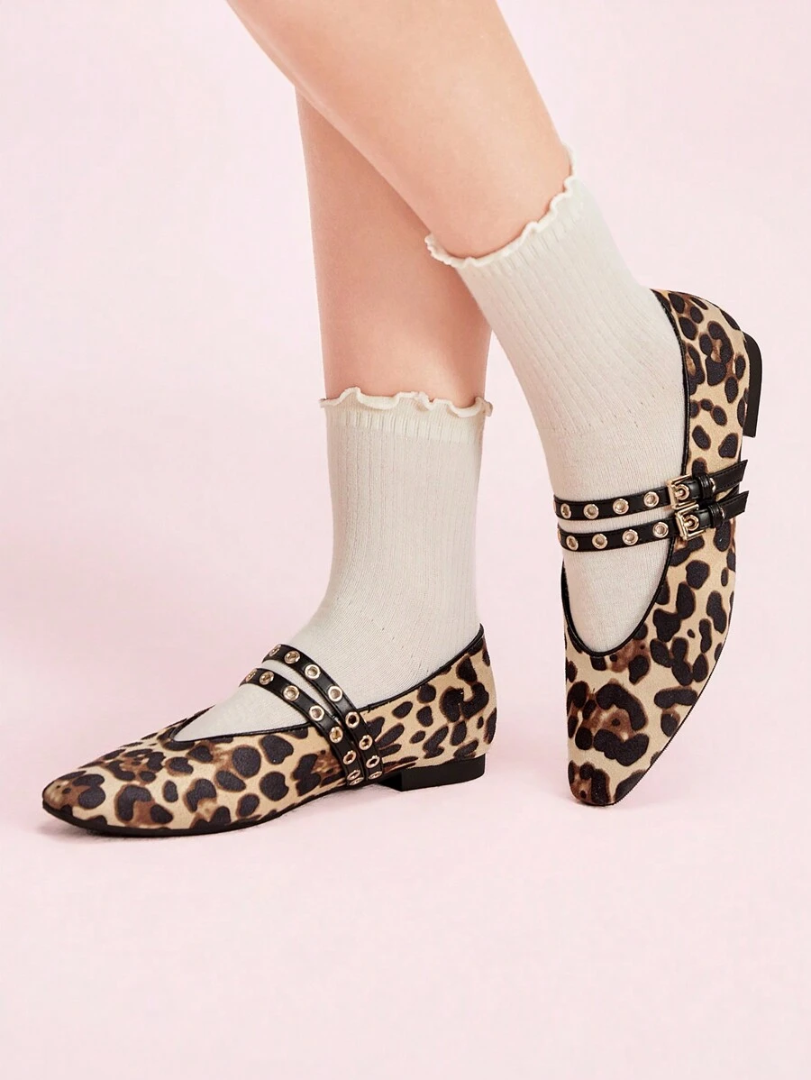 CUCCOO DOLLMOD Square Toe Flat Low Vamp Metal Rivets Buckle Leopard Print Color Block Soft Bottom Retro Women Loafers, Suitable For Daily Commute, Party And Walking New Year Holiday Valentines - Multicolor - View 1