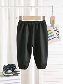 SHEIN Baby Boys Black & White Thermal Lined Casual Loose Elastic Waist Sports Pants, All-Match & Versatile For Outdoor & Indoor Wear, Winter - Black - View 2