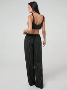 SHEIN EZwear Women's Casual Black Stripe Crop Top And Pants Set