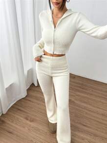 SHEIN Unity 2 件女式纯色拉链连帽衫和裤子套装 - 米色 - 查看 3