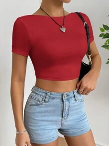 SHEIN EZwear Camiseta de mujer con diseño de vuelta abierta y retorcido, de un solo color, de uso casual y de moda para uso diario - Rojo - Ver 3