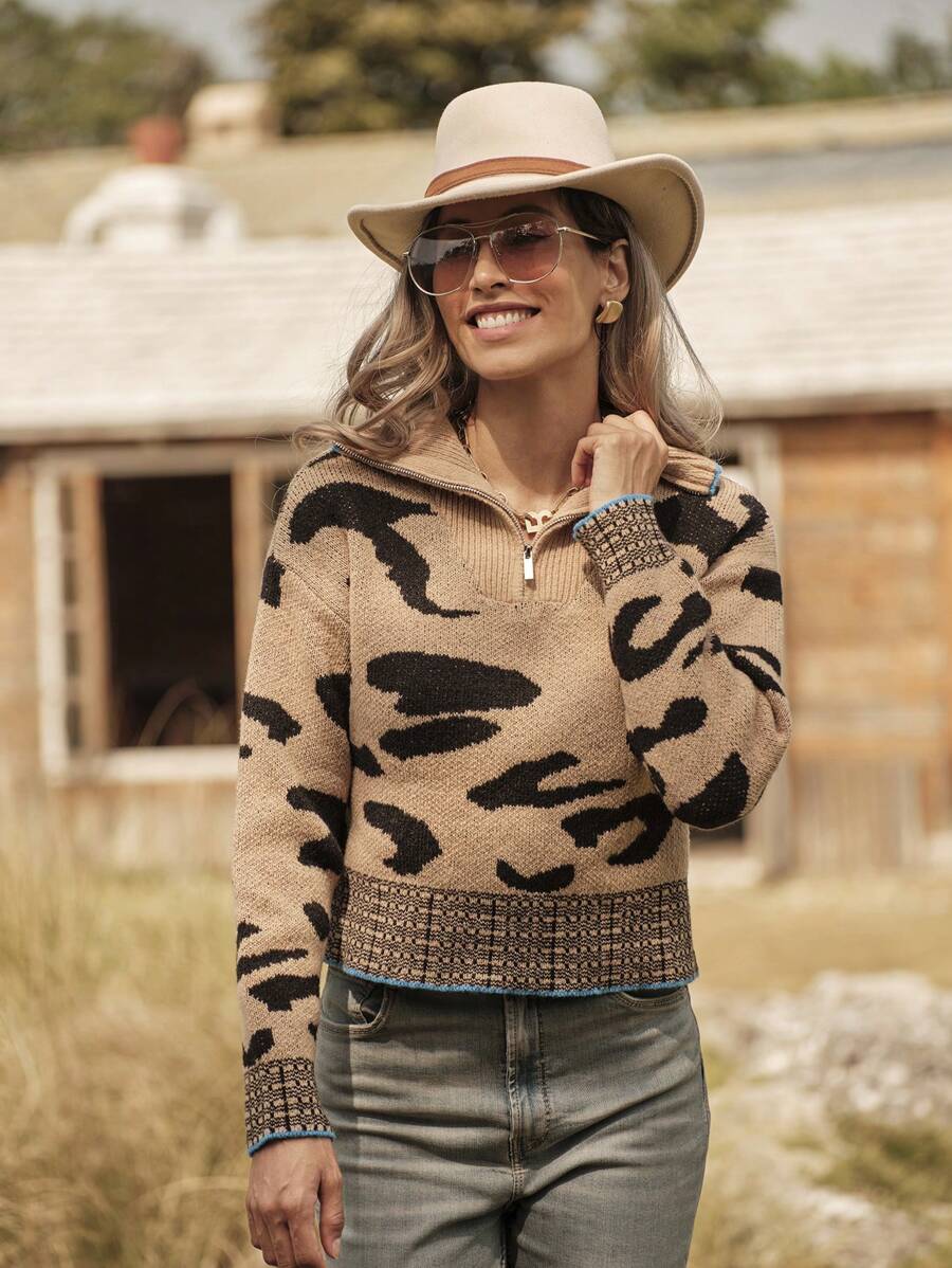 LanaWest 女士休闲复古豹纹半拉链套头毛衣针织衫秋冬款 - 卡其色 - 查看 1