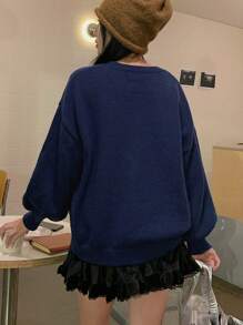 DAZY 女士休闲宽松心形装饰毛衣，秋季新品 - 藏蓝色 - 查看 4