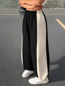 SHEIN PETITE Quần ống rộng dệt kim tương phản thời trang đường phố dành cho nữ - màu đen - Xem 3