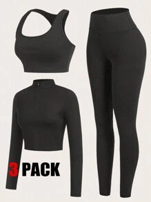 SHEIN Essnce 3 件套女士运动套装、罗纹立领半拉链长袖 T 恤、运动胸罩吊带背心、高腰紧身裤、女士深灰色服装套装、深灰色紧身裤、深灰色紧身胸衣上衣、工装裤 - 深灰色 - 查看 3