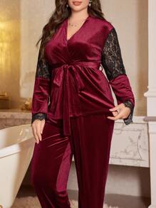 Plus Size Velvet And Lace Wrap-Around Long Sleeve Pajama Set - Burgundy - View 4