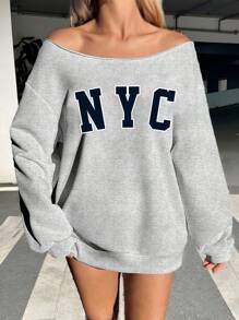 Muchica 纽约校园蓝色露肩宽松休闲长袖女式运动衫，秋冬款 - 淺灰色 - 查看 5