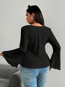 Flirla Plus Size Solid Rib-Knit Twist Front Flare Sleeve T-Shirt Fall Cloth For Women - Black - View 2