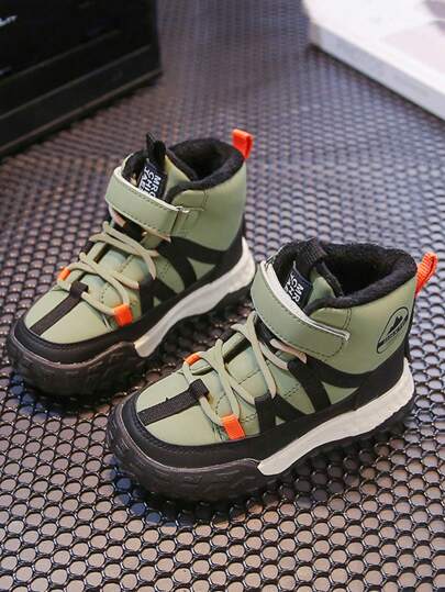 1pair Kids Green Sports Leather Boots, Children's Thermal Lined Thick Winter Warm Windproof Boots For Boys And Girls