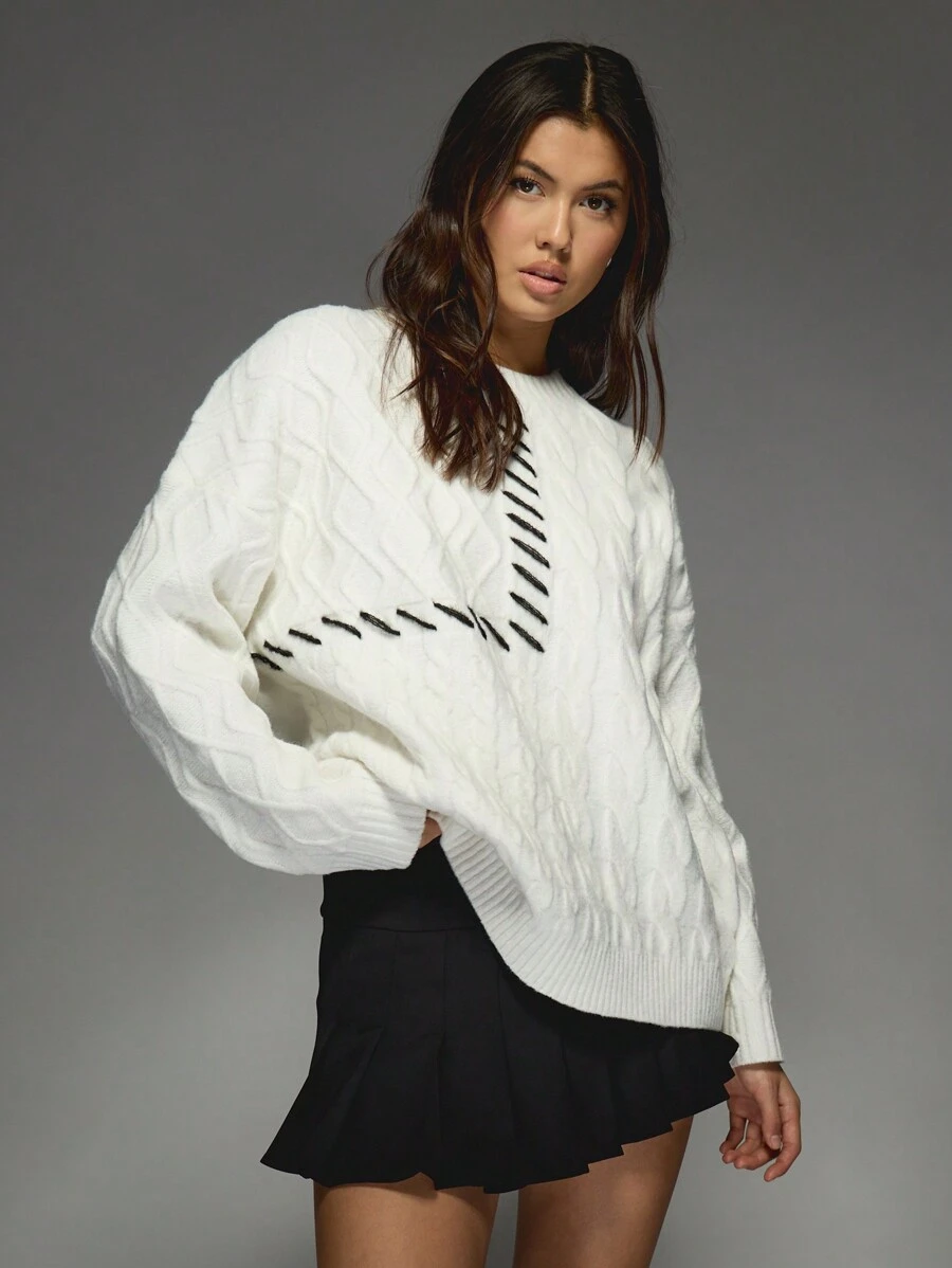 MISSGUIDED Oversized Cable Knit Jumper With Contrast Patchwork Design Autumn Winter Cozy Pullover Sweater Christmas Holiday Knitwear - Multicolor - View 1