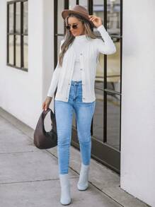 SHEIN LUNE 女款白色针织纹理开衫背心，秋冬款 - 白色 - 查看 5