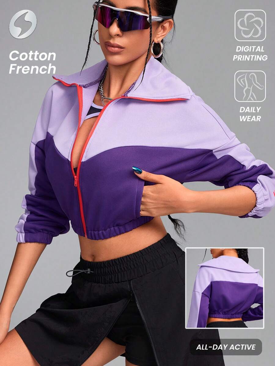 Innovista Women Cropped Loose Fit Zip Up Colorblock Sports Jacket, Windproof Jacket, Autumn Matching Outfits Workout Gym & Daily Casual Workout Jacket,Camping Running Outdoor,Going Out Tops ,Back To School,Zip Up Jacket,Cropped Sweatshirt,Workout Women Tops,Fall Woman Outfits,Purple Jacket,Cold Weather Clothes