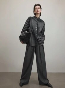 Ontre 女款黑色条纹可拆卸丝带百褶休闲裤日系复古宽松裤简约适合春夏