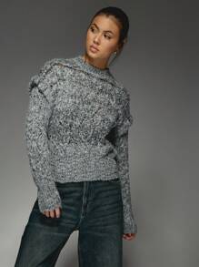 MISSGUIDED 粗针织立领套头衫冬季毛衣破洞设计长袖针织衫秋季休闲舒适保暖套头衫 - 黑與白 - 查看 5