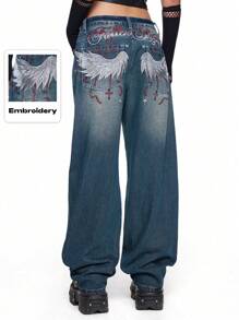 ROMWE Grunge Punk Quần Jeans Rách Lưng Thấp Y2K PUNK Có Cánh Sau, Dây Xích Và Đồ Họa Thêu Chữ Thập - Màu xanh lam - Xem 1