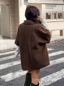 INAWLY 大码女式休闲纯色翻领蝙蝠袖宽松泰迪羊毛夹克，秋冬 - 咖啡棕 - 查看 2