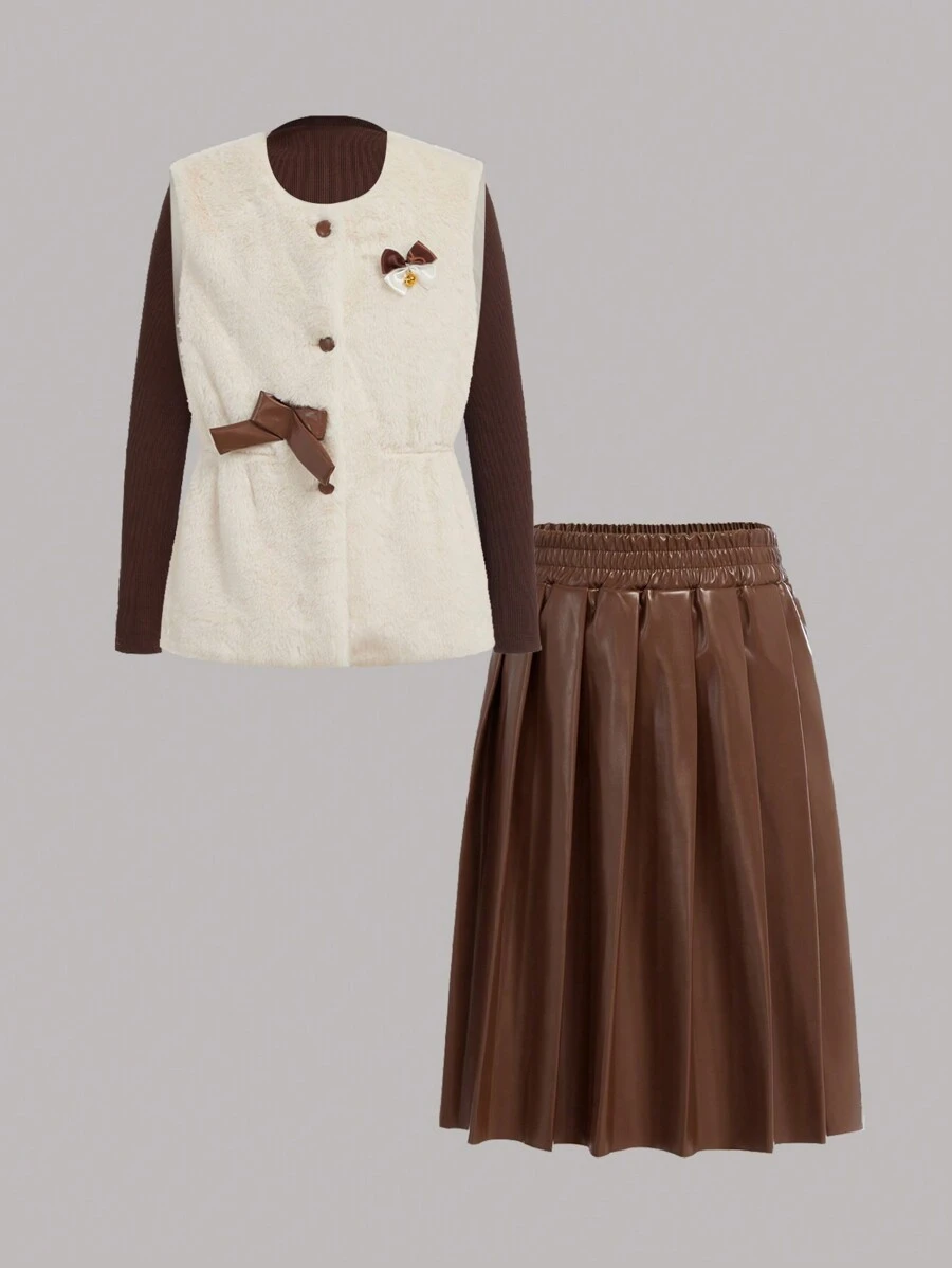 3pcs/Set For Tween Girls, Fuzzy Vest, Knitted Undershirt, And Pleated Leather Skirt, Elegant For Daily Commuting In Fall And Spring And Winter - Multicolor - View 1