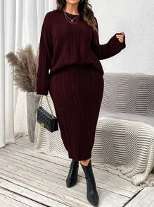 Calvaya Plus Size Solid Color Long Sleeve Loose Fit Pullover Sweater & Skirt Set