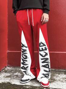 PAVTROS 男士休闲街头时尚字母图案印花双色抽绳腰宽松阔腿运动裤，外出长款街头穿搭宽松拼色运动裤，送给老公、男朋友的礼物 - 紅色 - 查看 4