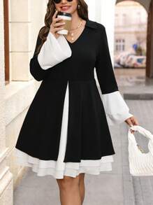 SHEIN Clasi Black & White Color Block Plus Size Layered Dress, Elegant For Everyday Wear In Autumn/Winter - Black and White - View 6