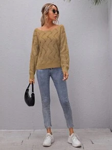 SHEIN LUNE Damen schlichte Boot-Ausschnitt Oversized Langarm Lässig Pullover, Herbst/Winter Strickpullover - Kamelfarben - Übersicht 3