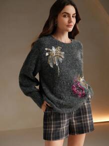 Anewsta 高级亮片刺绣棕榈树套头毛衣针织衫秋冬款 - 深灰色 - 查看 7