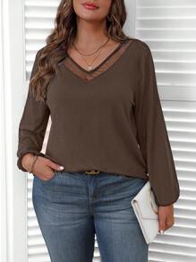 EMERY ROSE Camiseta casual de manga larga con cuello en V y contraste de malla de unicolor para mujeres de talla grande