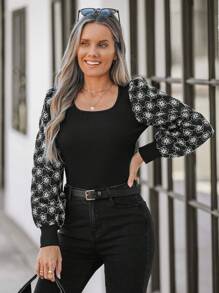 SHEIN LUNE 女士刺绣拼接时尚休闲长袖上衣，黑色 - 黑色 - 查看 1