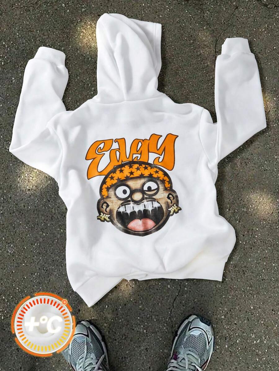 SHEIN Tween Boys Hooded Sweatshirt, Autumn Knit Casual Cartoon Printed Comfortable Loose Jacket