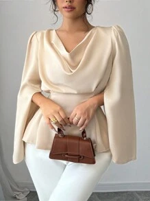 Elenzga Blusa/Top con peplum de mujer de talla grande, unicolor, con abertura en las mangas, cintura con nudo y escote bajo - Albaricoque - Ver 3