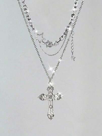 Goth 2pcs Punk Vintage Style Rhinestone Star Pendant Necklace, Luxury Iced Out Double Layer Star Chain Necklace, Streetwear Choker