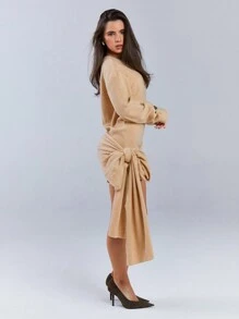 Athîral Women Solid Camel Color Twist Elegant Long Bow Detail Sleeve Mini Dress Valentine Dress Party Spring