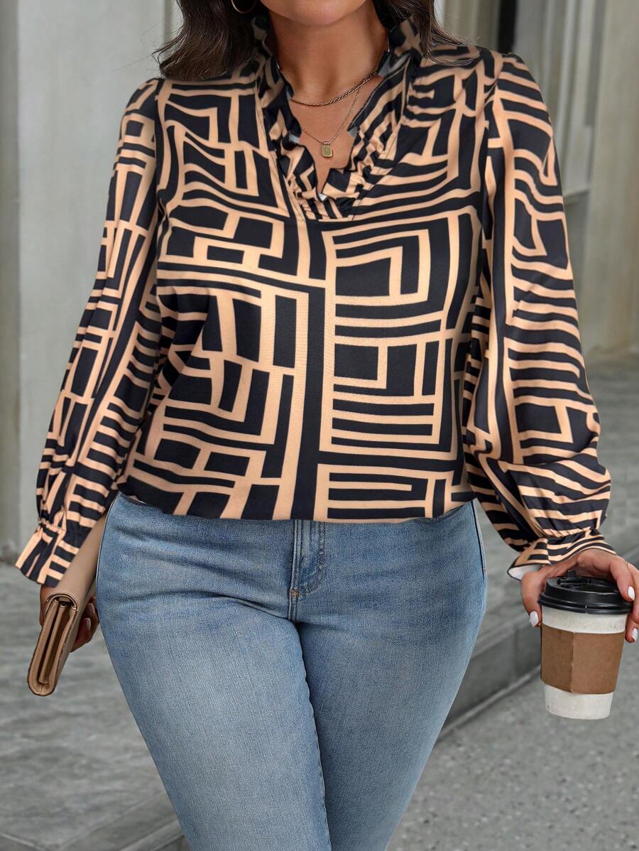 SHEIN LUNE Plus Size Geometric Print V-Neck Ruffle Hem Elegant Commuting Long Sleeve Shirt Fall Cloth For Women - Multicolor - View 1