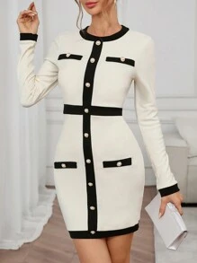 SHEIN Clasi 女士秋冬保暖羊毛拼接圆领长袖修身优雅迷你连衣裙休闲感恩节服装女士连衣裙女士长袖连衣裙